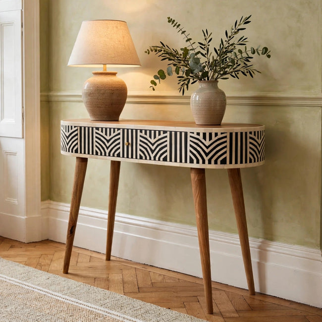 Edessa bone inlay console table in solid mango wood, shown in a room setting