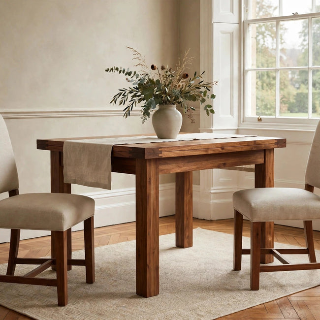 Square extendable butterfly dining table in solid mango wood, set up in a dining room