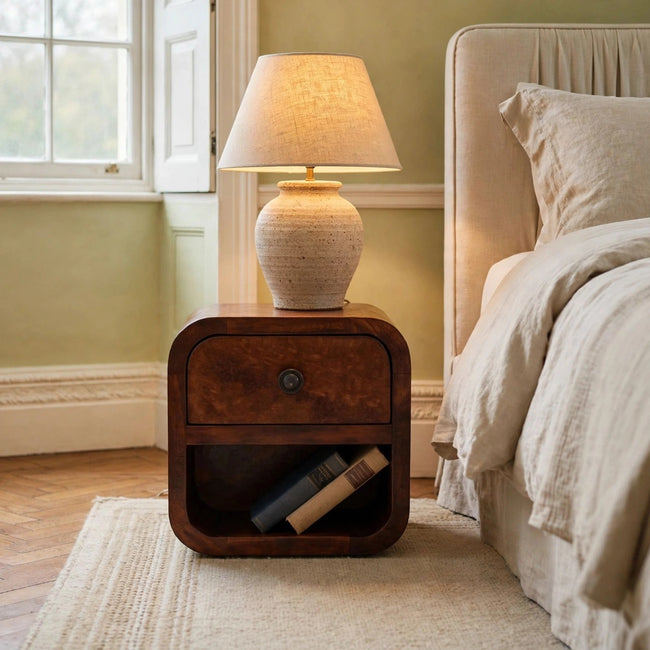 Extra mini chestnut bedside table with a drawer and open lower shelf, shown in a room