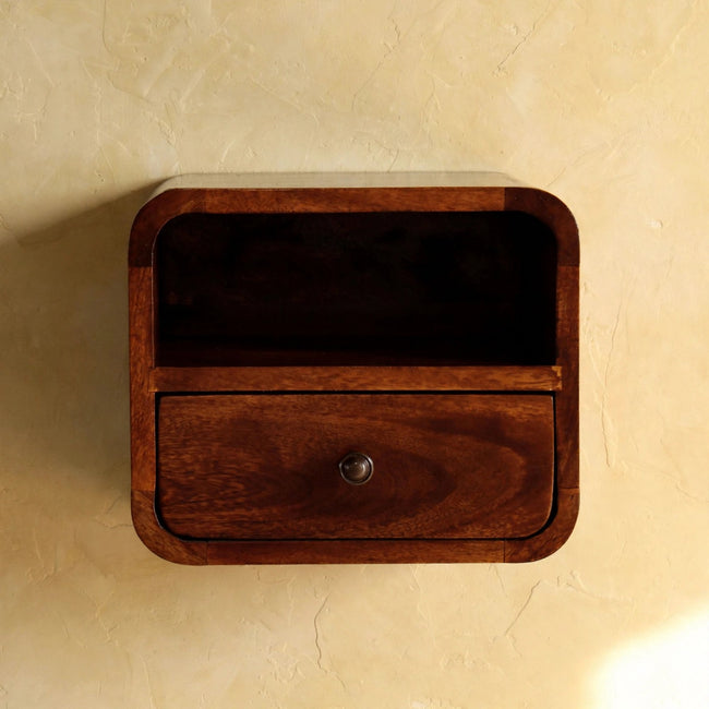 Extra Mini Wall Mounted Curved Chestnut Bedside with Open Slot