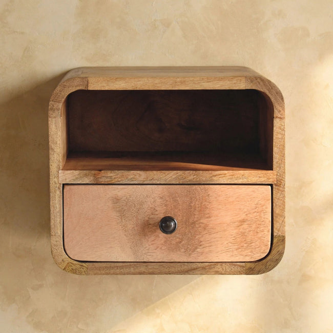 Extra Mini Wall Mounted Curved Oak-ish Bedside with Open Slot