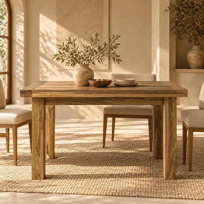 Granary Butterfly extending dining table in solid mango wood, shown in a dining room