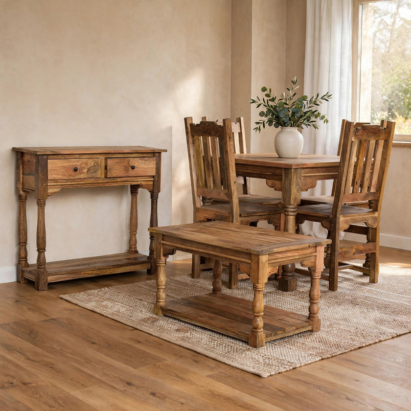 Solid mango wood dining table with four ladder-back chairs in a distressed finish, shown in a dining room