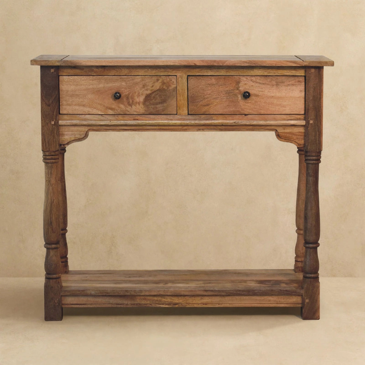 Close view of the chairs and table in the solid mango wood dining set