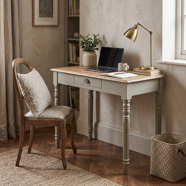 French grey hand-painted writing desk with a stained oak-style top, shown in a room setting