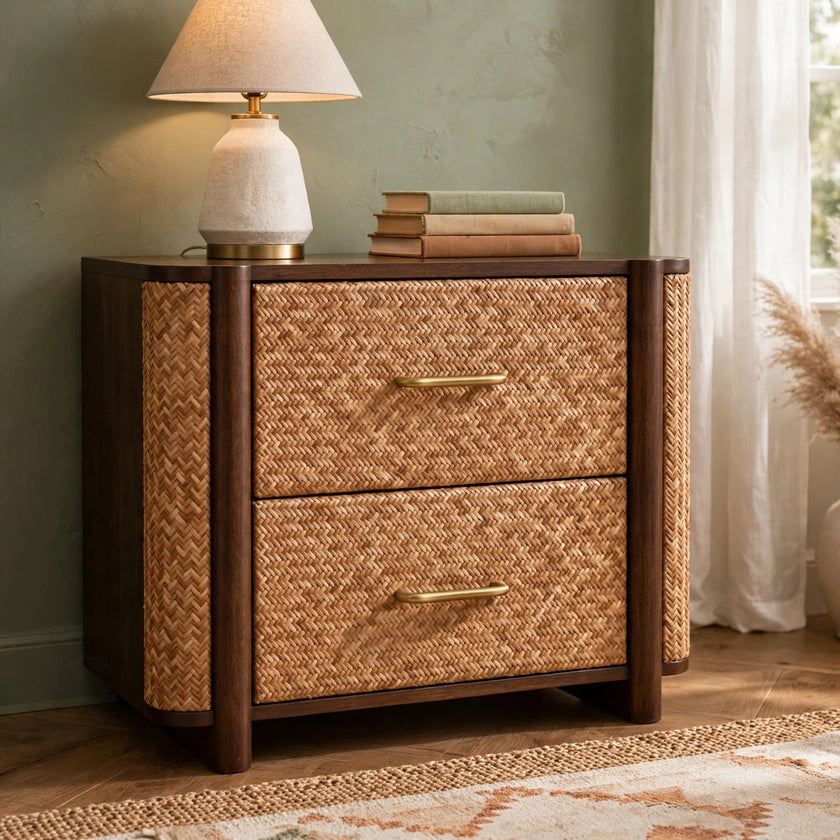 Havana Canefront chest of drawers in solid mango wood with rattan front, styled in a bedroom