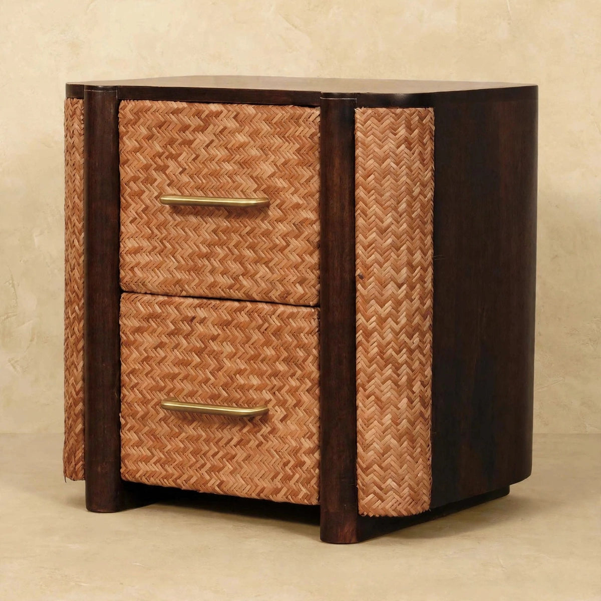 Woven rattan panels and brass handles on the Havana Canefront Drawers in a bedroom
