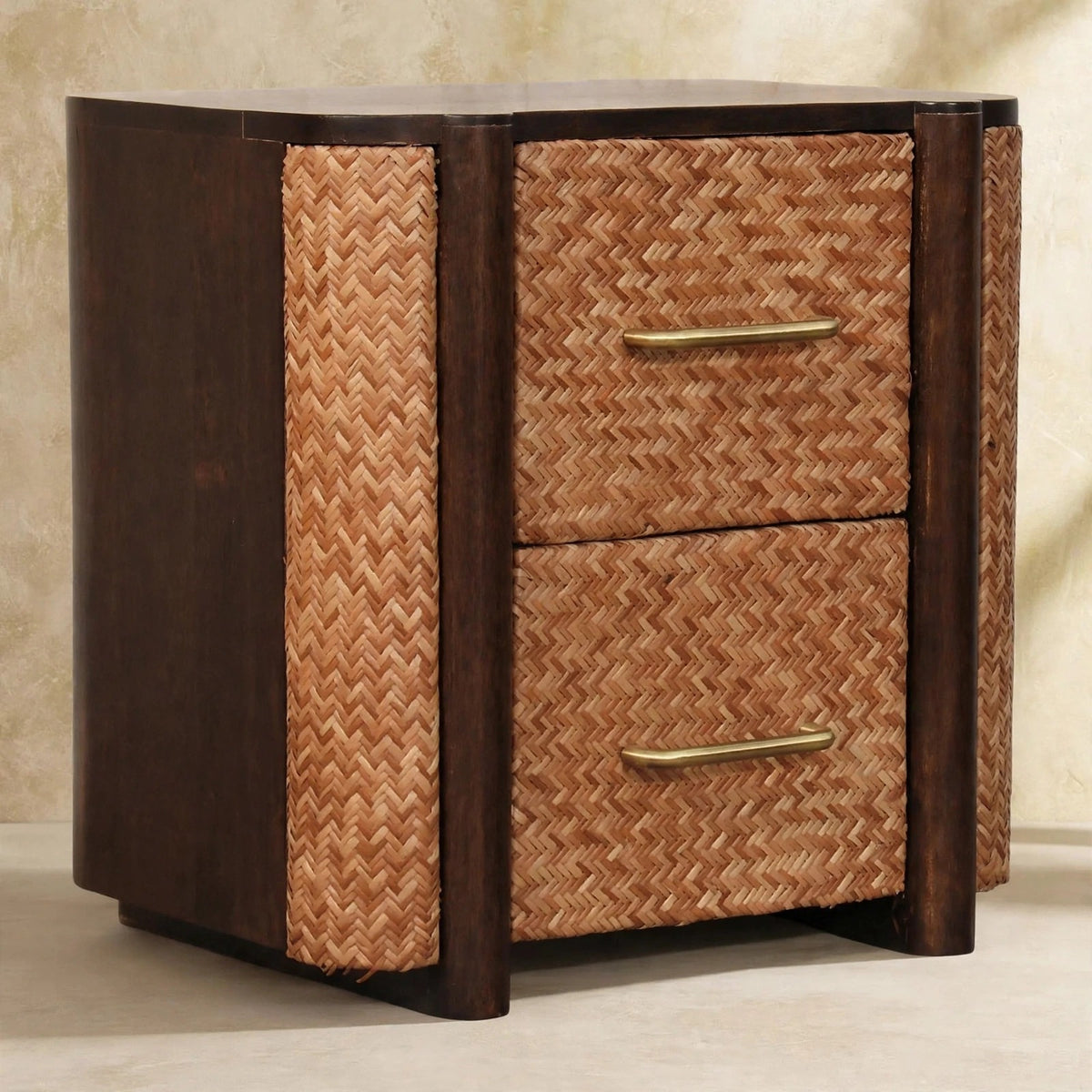 Angled view of the Havana chest of drawers showing the velvet mocha finish in a styled room