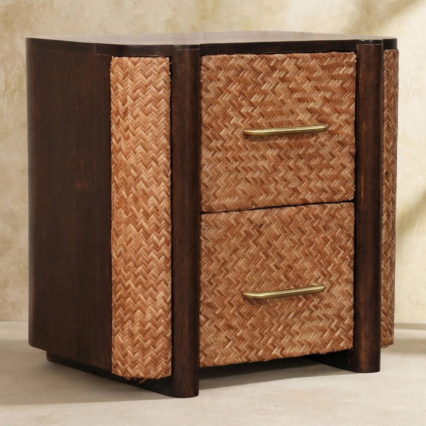 Angled view of the Havana chest of drawers showing the velvet mocha finish in a styled room
