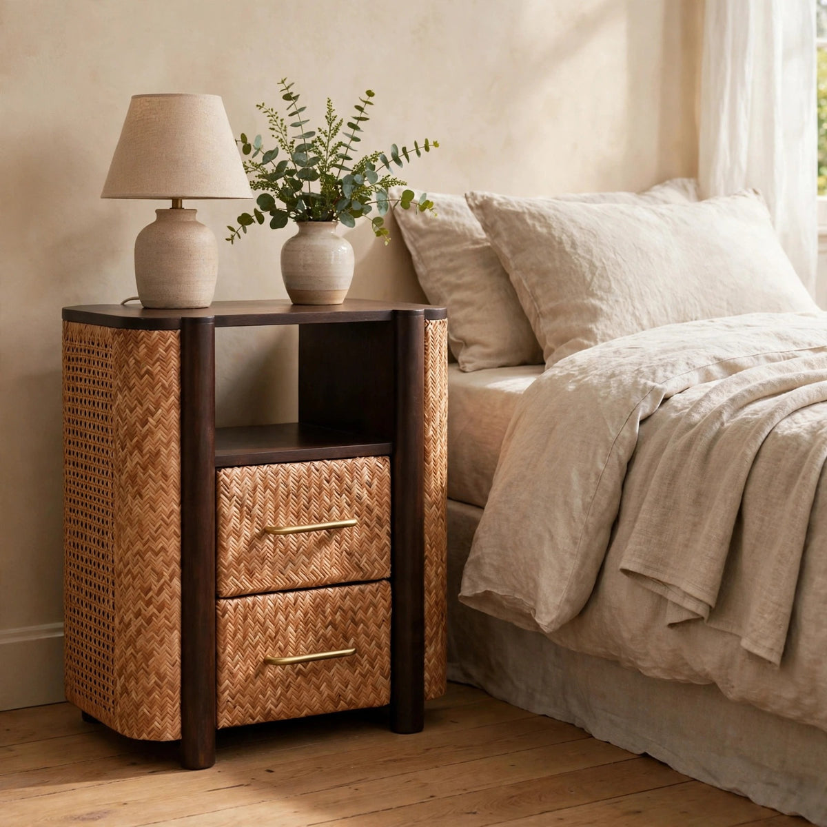 Havana solid mango wood nightstand beside a bed in a bedroom