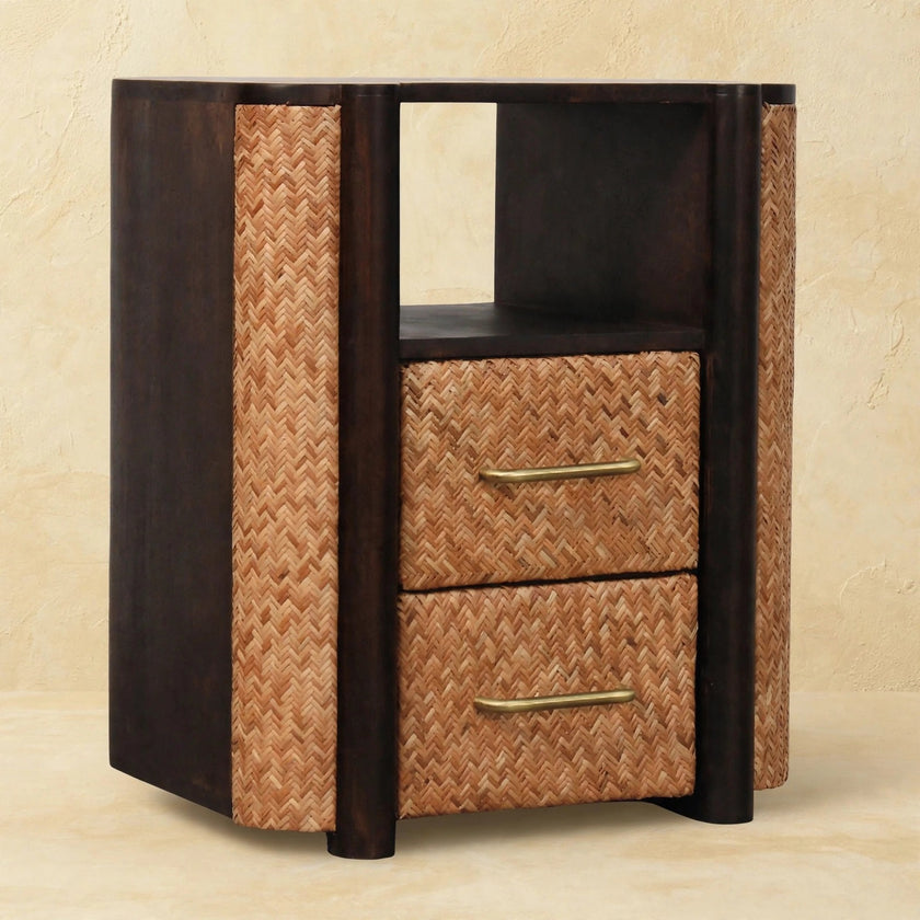 Havana nightstand with woven-effect drawer fronts next to a bed