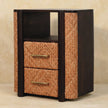 Close view of the Havana nightstand's two drawers and open shelf