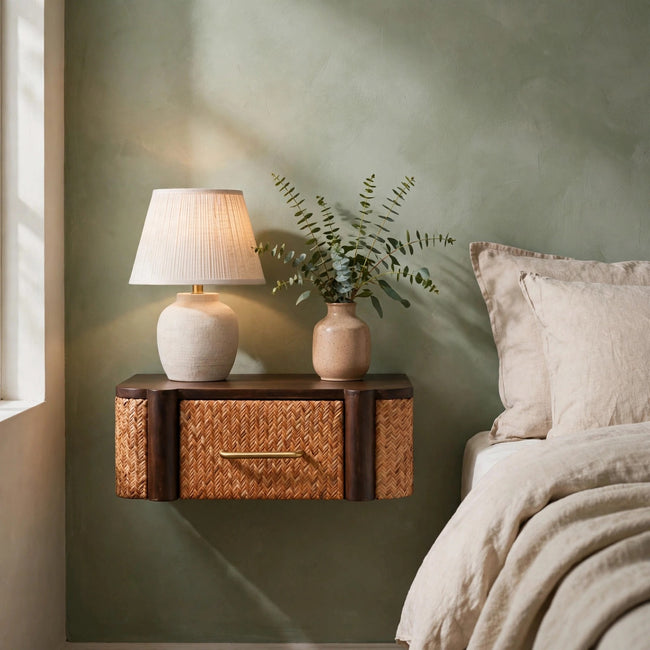 Havana wall-mounted bedside table in solid mango wood fixed beside a bed in a bedroom