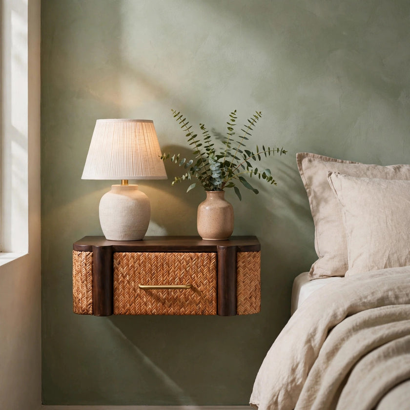 Havana wall-mounted bedside table in solid mango wood fixed beside a bed in a bedroom