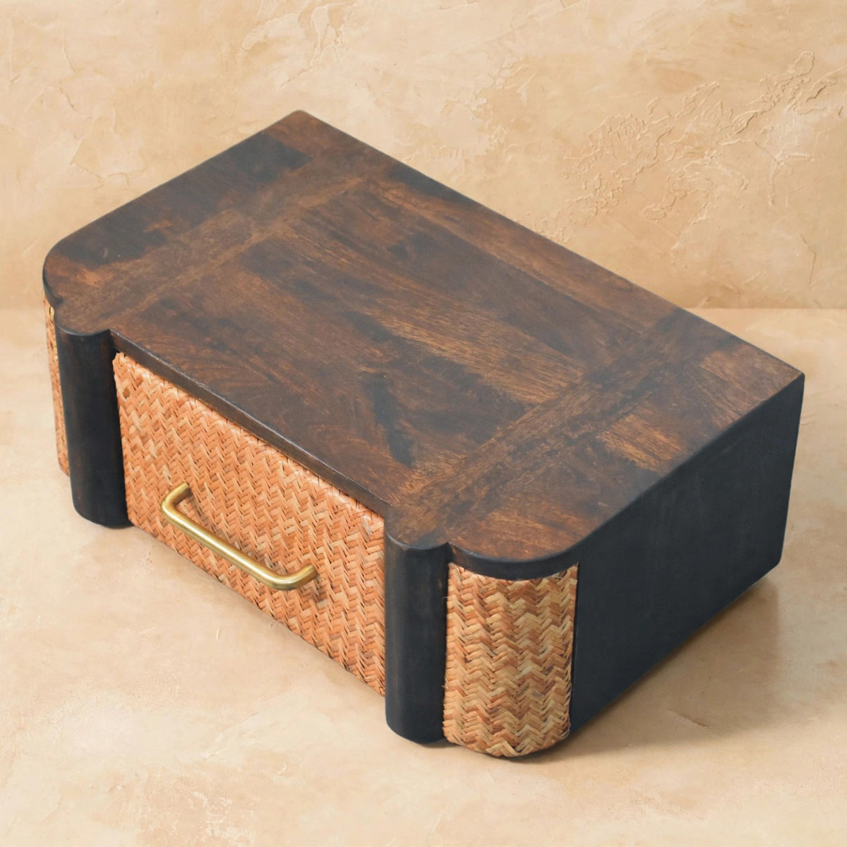 Mango wood wall-mounted bedside table with bedroom essentials on its top surface