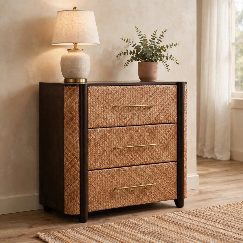 Havana Weave 3 drawer chest in mango wood with rattan drawer fronts, styled in a room