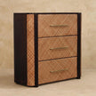 Mocha-finished mango wood chest of three drawers with brass handles in a styled room