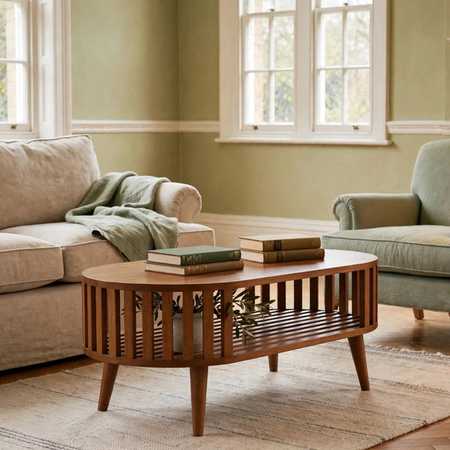 Honey caramel solid mango wood Ariella coffee table styled in a living room