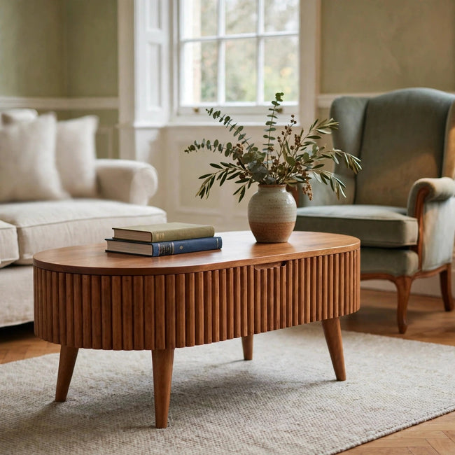 Honey caramel Mokka solid mango wood coffee table styled in a living room