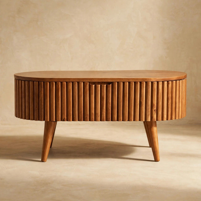 Mokka coffee table with a mixed wood pattern top in a living room setting