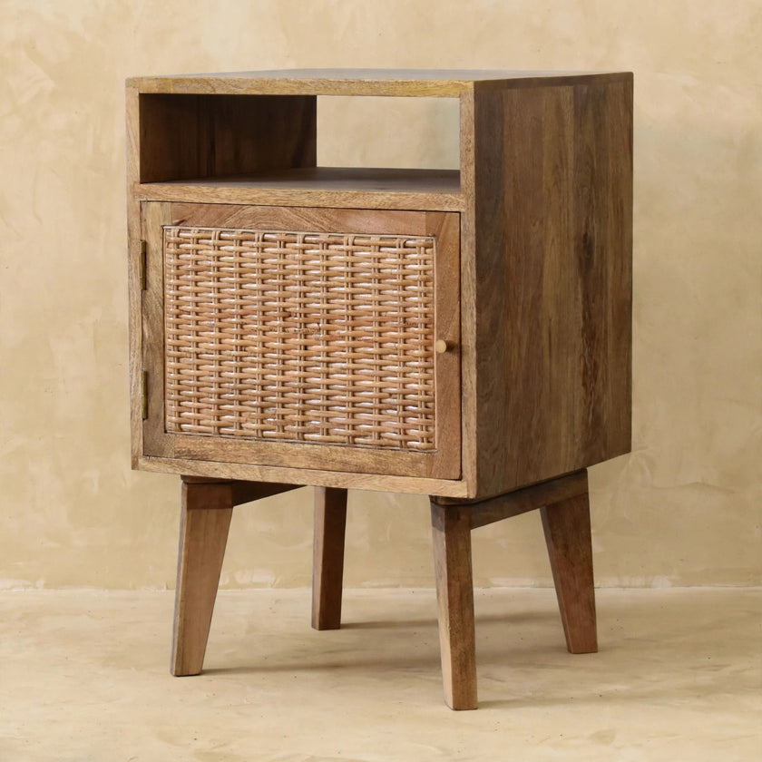 Front view of the woven rattan door on the Knit Door Bedside in a room