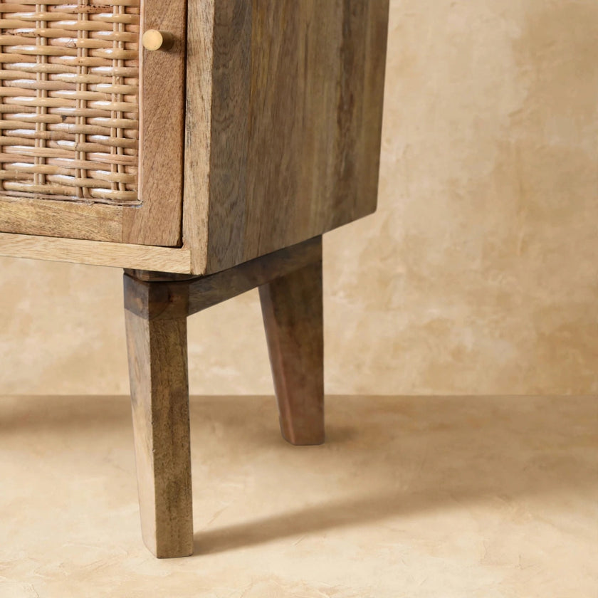 Close-up of the woven rattan door front on the Knit Door Bedside
