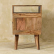 Side view of the bedside table showing its Nordic-style legs and oak-look finish