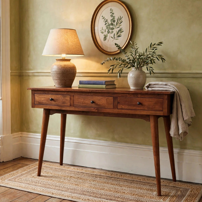 Large 3 drawer chestnut console table in solid mango wood, shown in a room setting