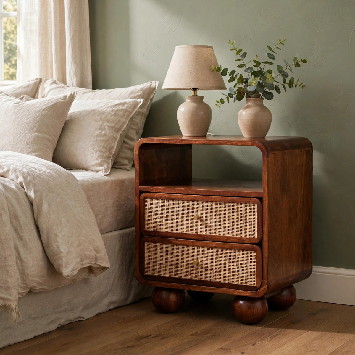 Chestnut mango wood 2 drawer nightstand with rattan drawer fronts beside a bed