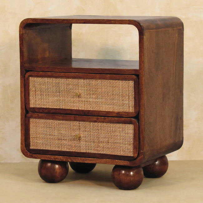 Larissa nightstand in a bedroom, showing the open shelf and two drawers