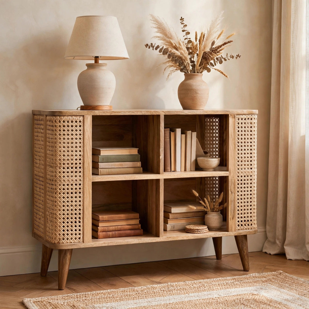 Larissa open double cabinet in solid mango wood styled in a living room