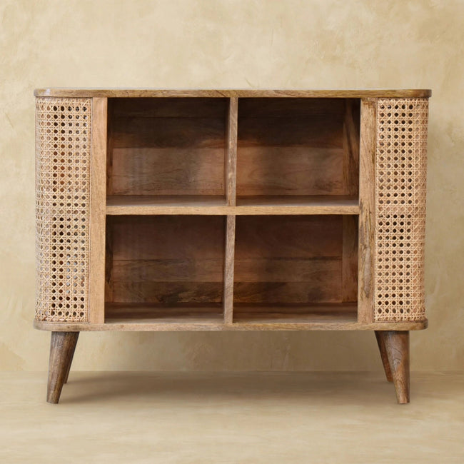 Larissa open cabinet with rattan design and small shelves in a room setting