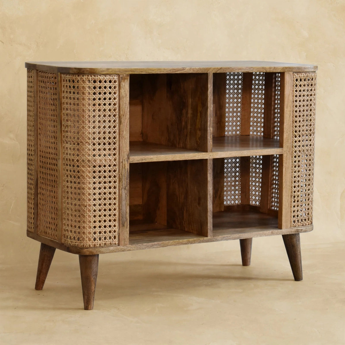 Larissa mango wood cabinet with decor displayed on top