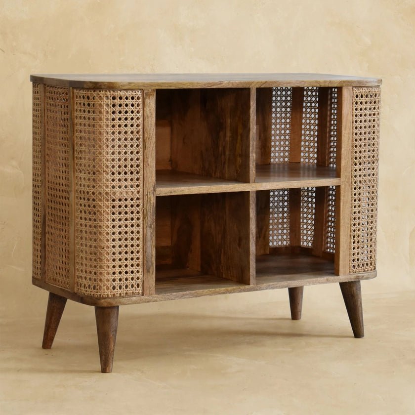 Larissa mango wood cabinet with decor displayed on top