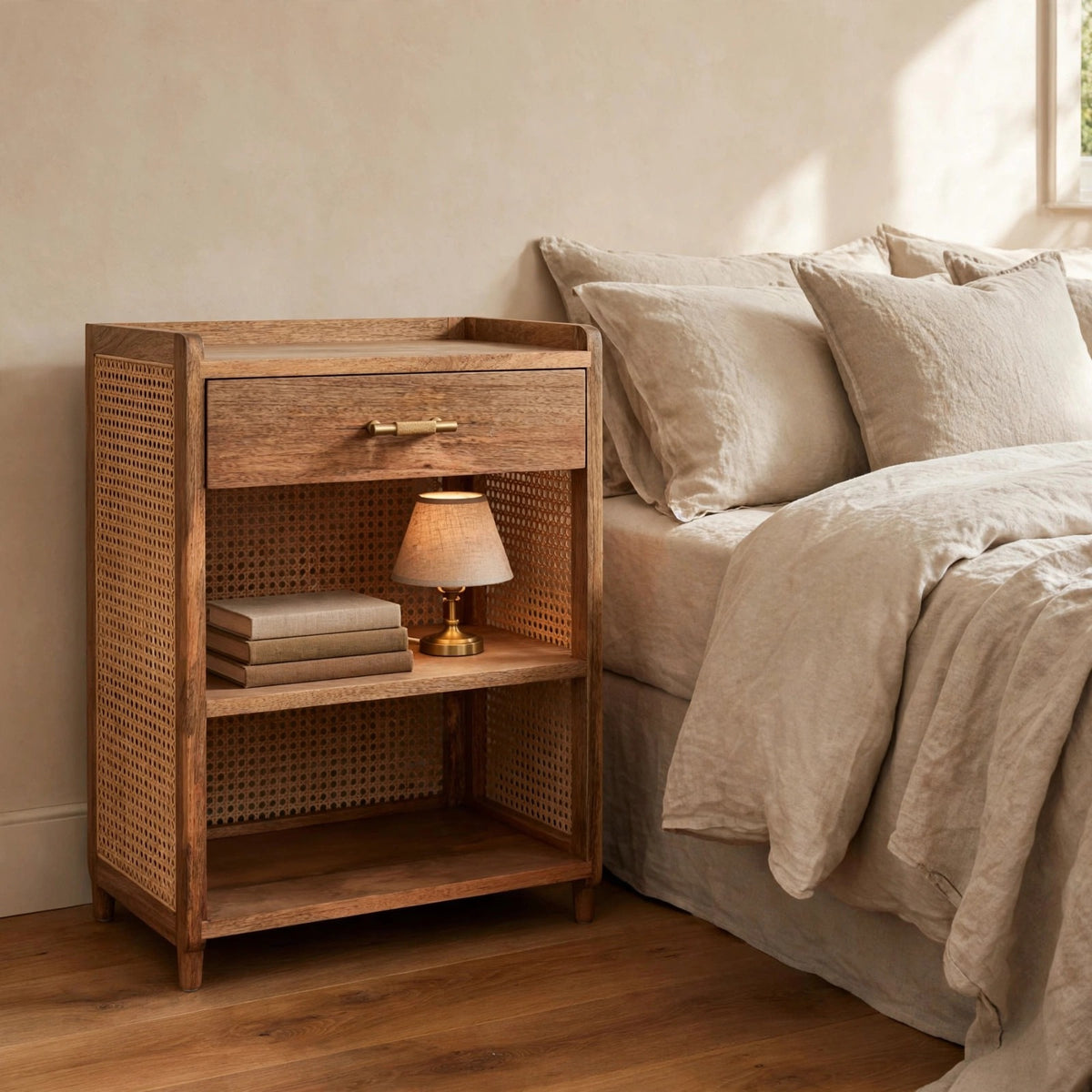 Solid mango wood bedside table with a T-bar drawer and two open slots in a bedroom