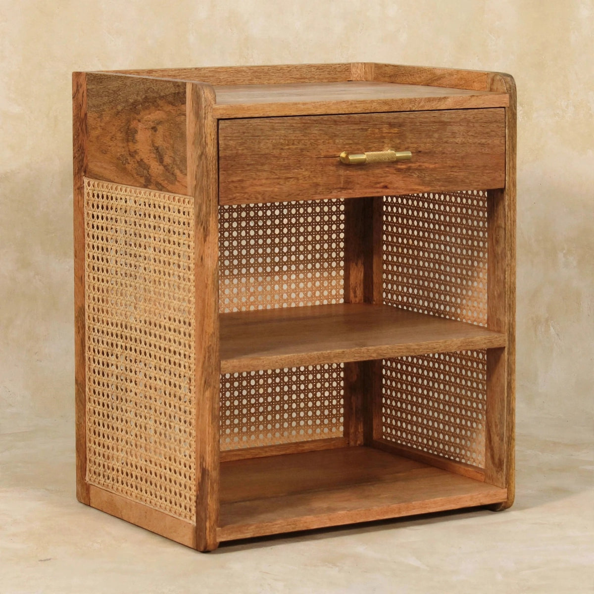 Front view of the bedside table showing the T-bar drawer handle