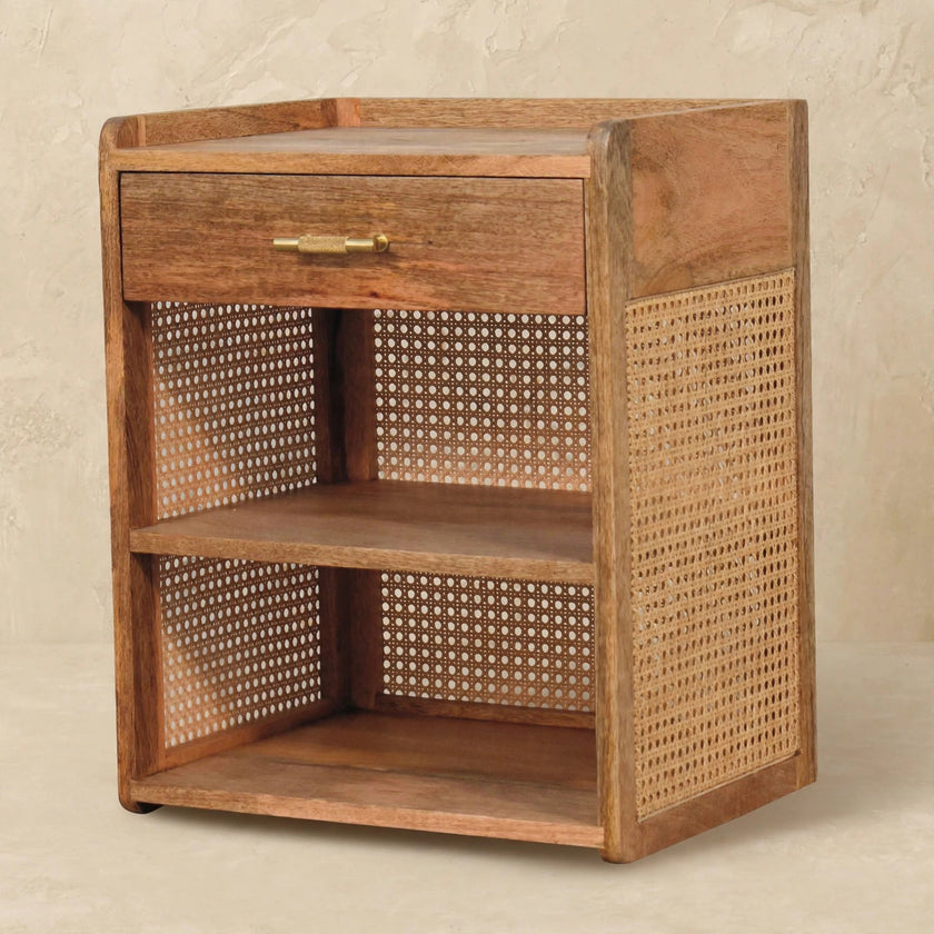 Mango wood bedside table with two open slots in a room setting