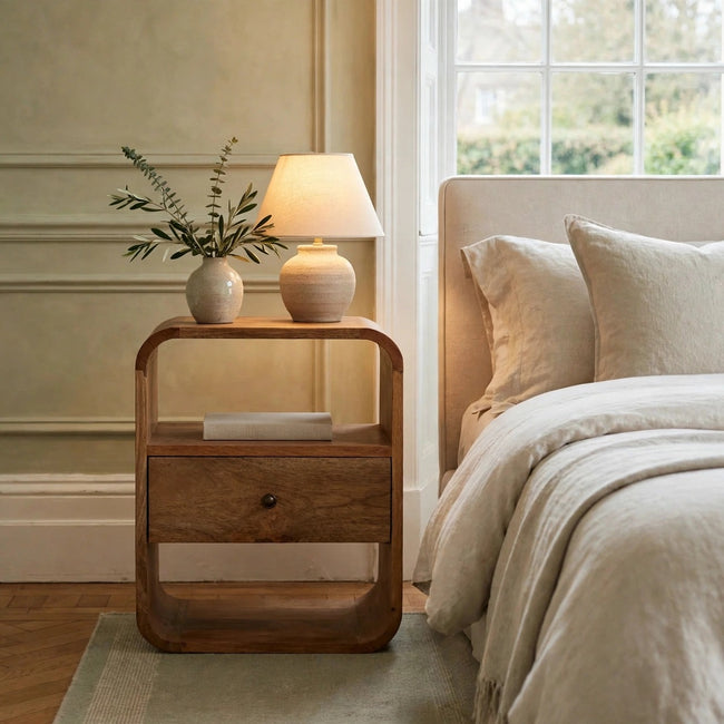 London Bedside, a solid mango wood bedside table with one drawer and a brass knob, in a bedroom