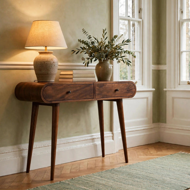London solid mango wood console table with drawers in a styled room setting