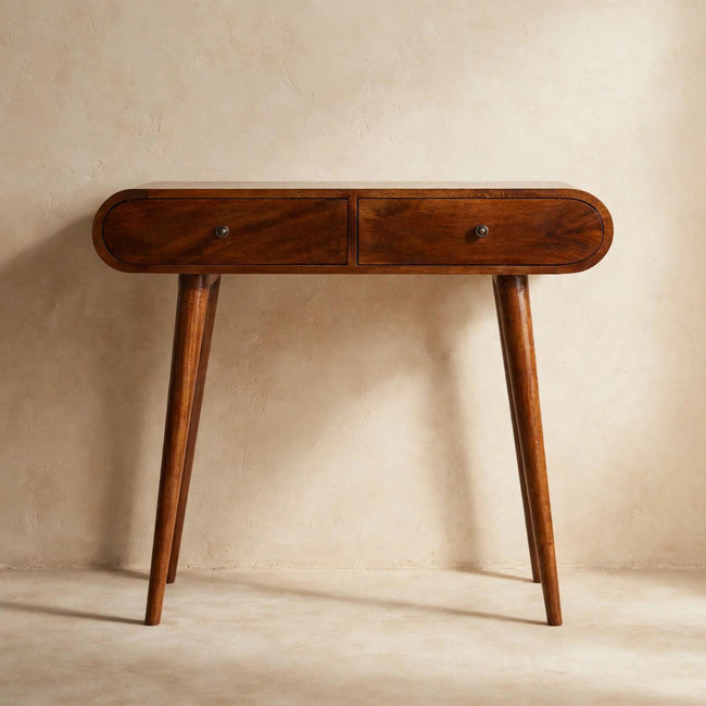 London console table with natural oak finish and rounded edges, shown in a room