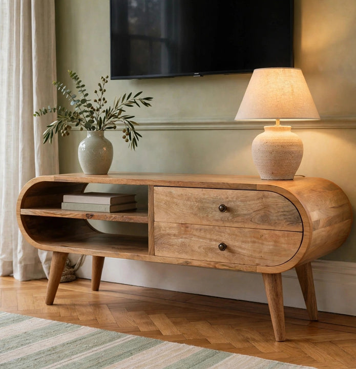 London solid mango wood media unit with two drawers and two open slots in a living room