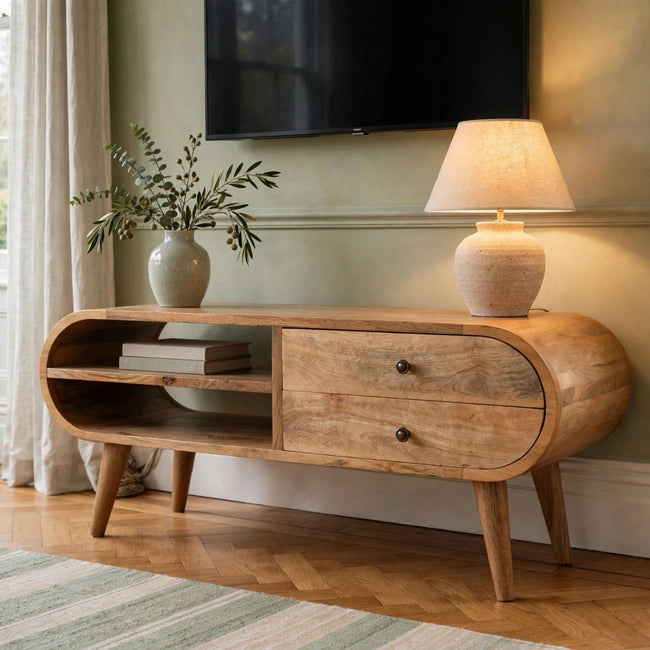 London solid mango wood media unit with two drawers and two open slots in a living room
