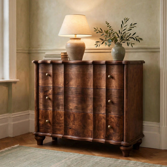 Lume Roasted Panel Chest in solid mango wood with a Roasted Almond finish, styled in a room