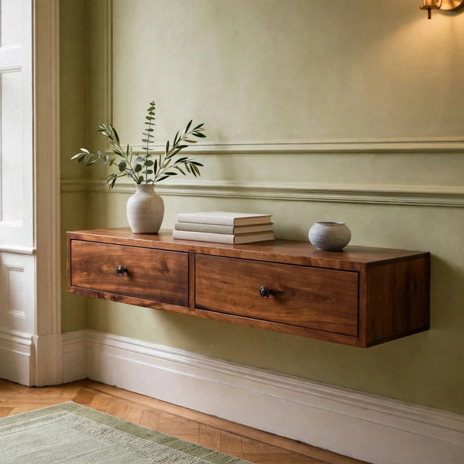 Lunar 2 drawer wall mounted console table in chestnut-finished solid mango wood, shown in a room