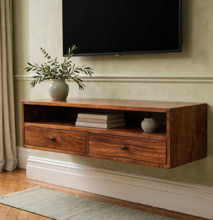 Lunar 2 drawer chestnut wall mounted media unit in solid mango wood, mounted in a living room