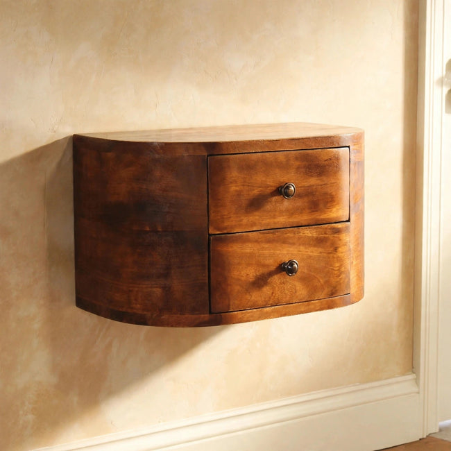 Wall-mounted Lunar bedside table with two drawers styled in a bedroom setting