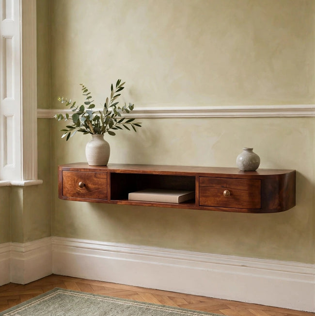 Lunar wall mounted chestnut console table with two drawers in a styled room