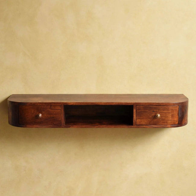 Chestnut mango wood wall mounted console with rounded edges and an open slot