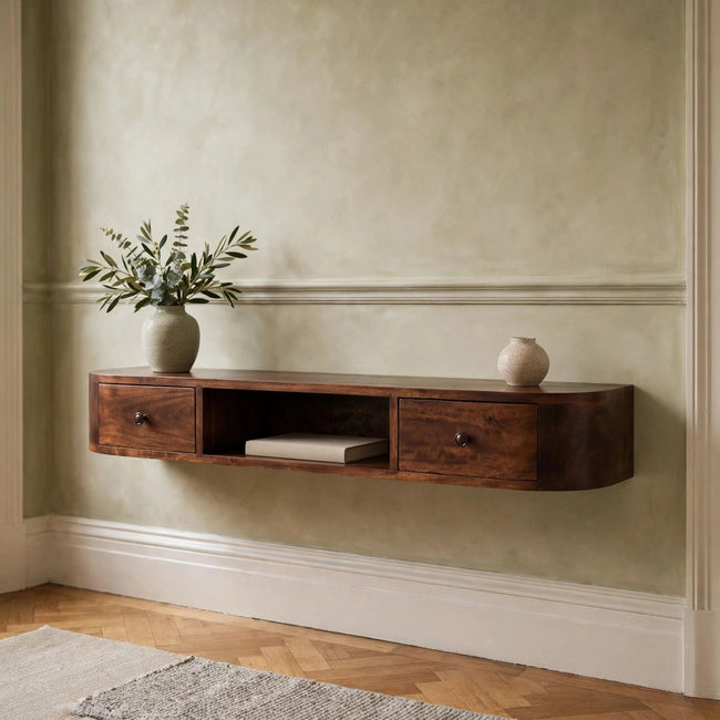 Lunar 2 drawer wall mounted console in chestnut-finish mango wood, shown in a room setting
