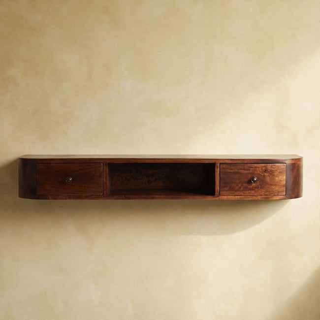 Front view of the Lunar wall mounted console table with two drawers and an open slot
